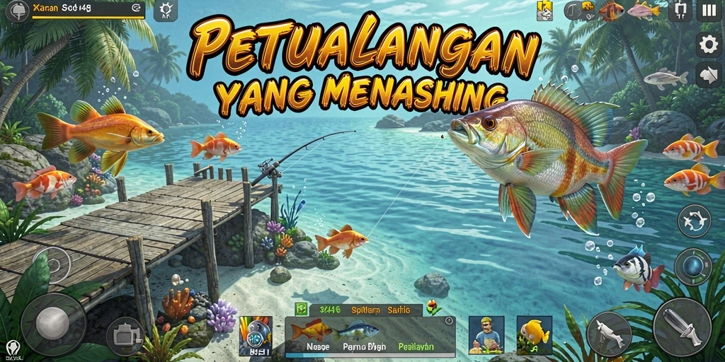 Penggambaran seru gameplay memancing dalam 3446 dengan berbagai jenis ikan.