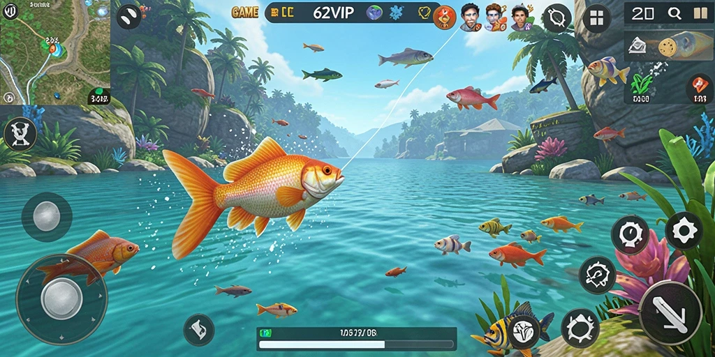 Tangkapan screenshot gameplay 62VIP saat memancing ikan besar.