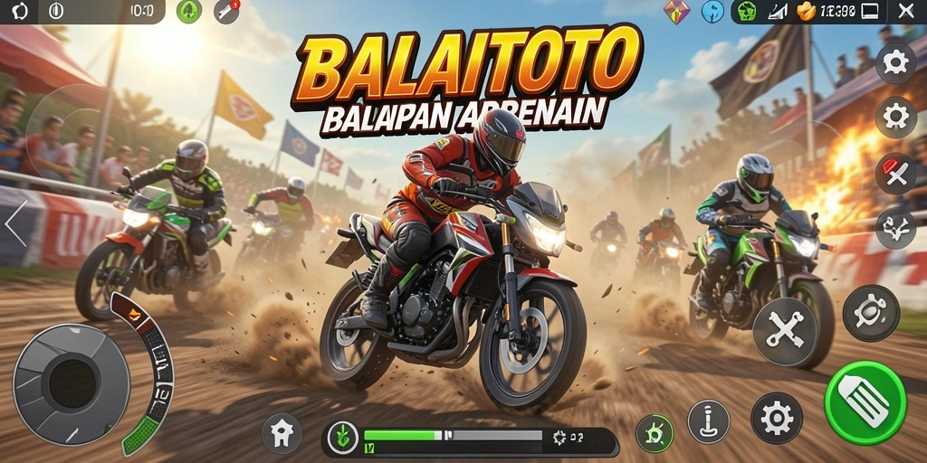Tangkapan layar utama BALAITOTO menunjukkan aksi balap motor yang mendebarkan.