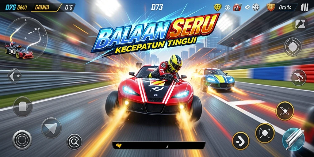 Tampilan gameplay D73 yang memukau saat balapan penuh aksi.