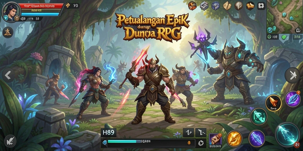 Screenshot gameplay H89 menampilkan pertarungan epik dan eksplorasi dunia RPG.