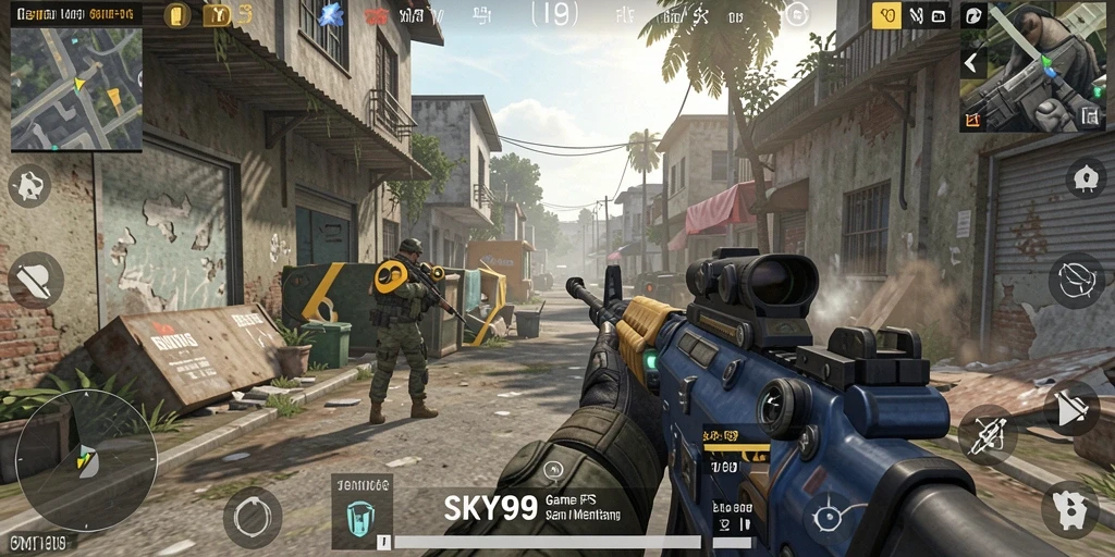 Tangkapan layar menunjukkan gameplay menegangkan dari SKY99 dengan aksi tembak-menembak.